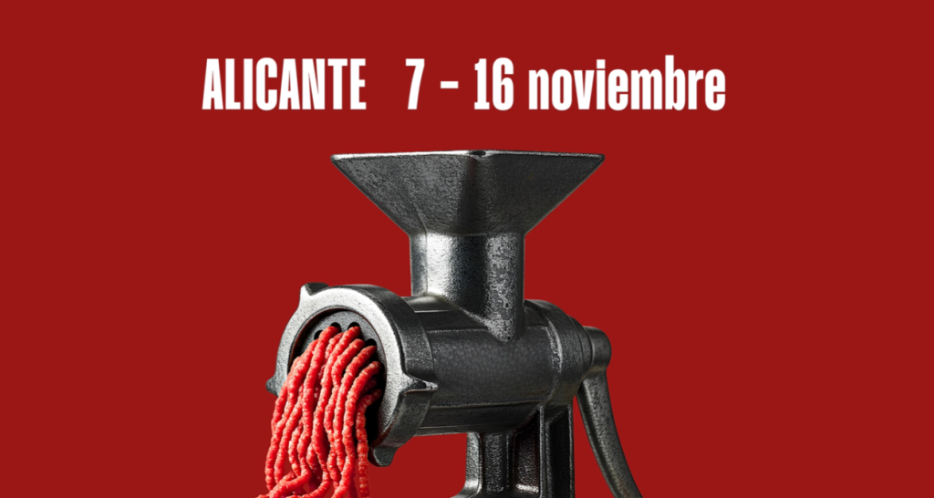 Cartel de la 33 Muestra de Teatro de Alicante 2025 (MUTESAC) con una máquina de picar carne sobre fondo rojo y las fechas del 7 al 16 de noviembre.